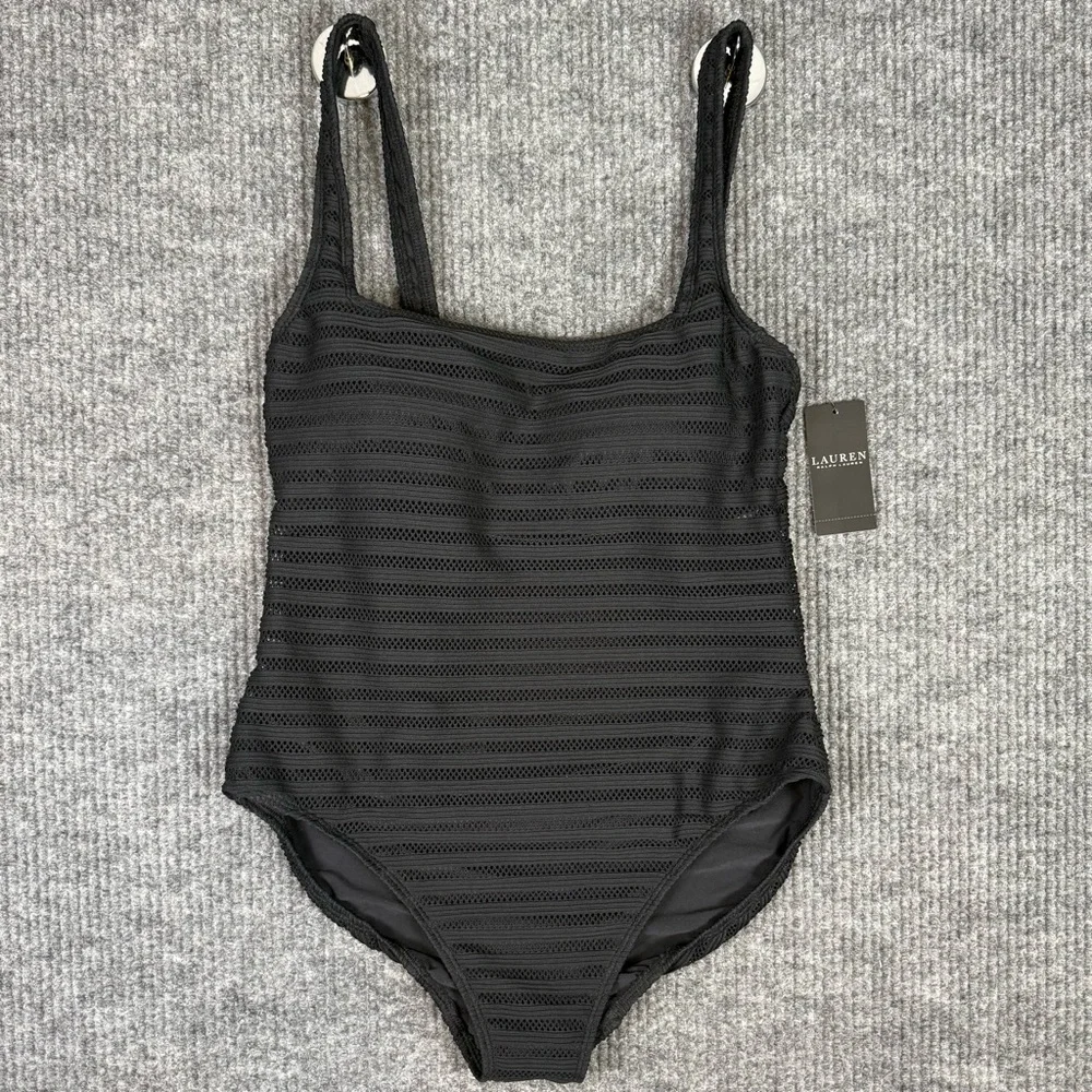 Lauren Ralph Lauren Black Striped Ottoman Mesh One-Piece Swimsuit Size 12